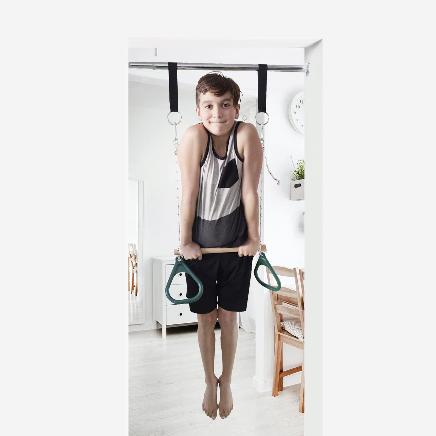 DreamGYM Doorway Swing for Kids Indoor - Trapeze Bar and Red Gymnastic Rings Combo