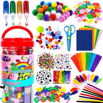 FUNZBO Arts and Crafts Supplies for Kids - Toddlers Craft Kit with Glitter Glue Stick, Pipe Cleaners, Pom Poms, Popsicle Sticks Tools, DIY School
