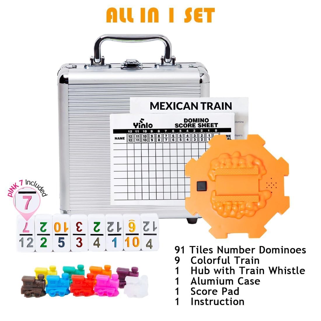 Yinlo Mexican Train Dominoes Set?Double 12 Dominoes with Train Sound Effect, Portable Travel Games, 91 Tiles Colored Number Domino Game Set