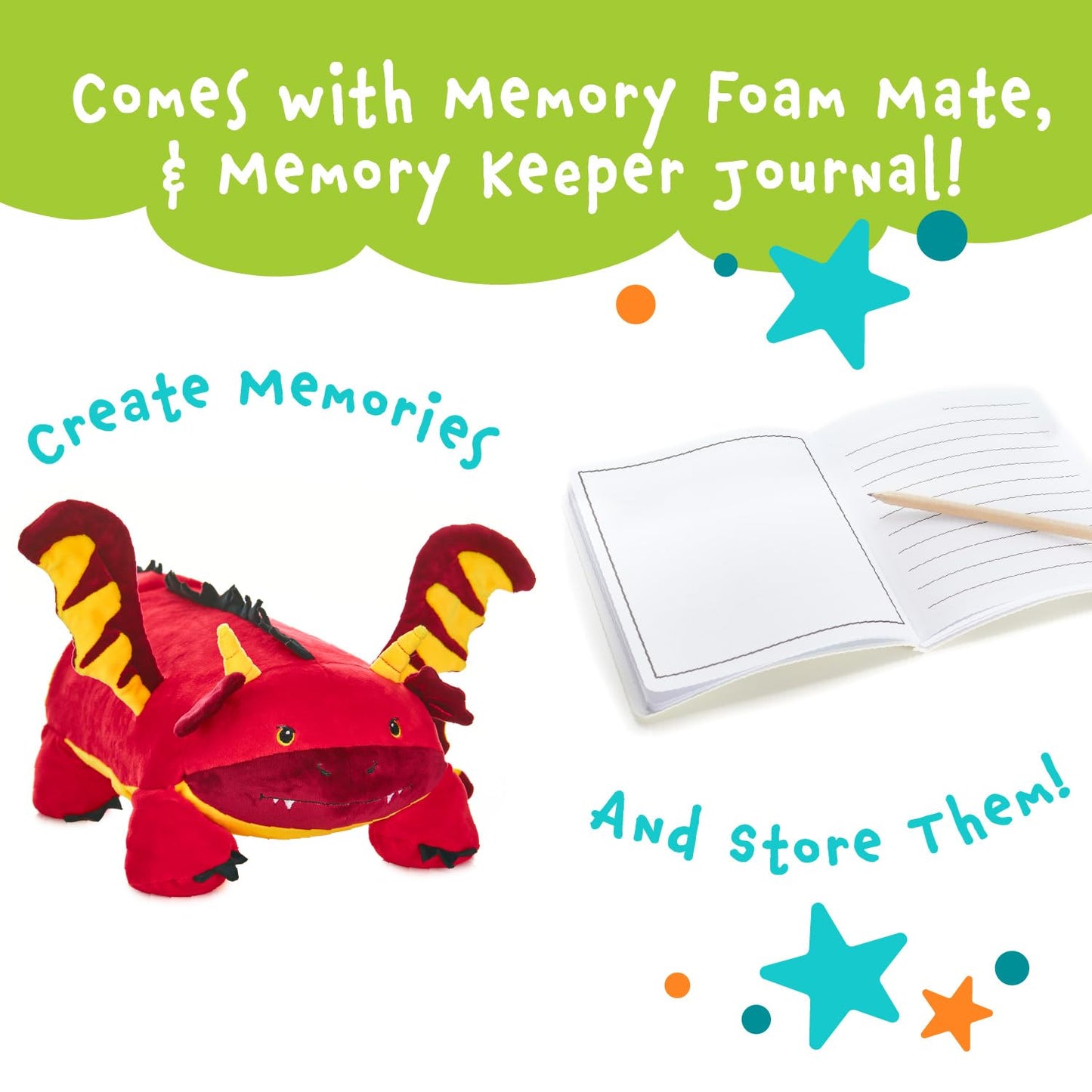 MEMORY MATES Jax the Red Dragon Memory Foam Pillow Plush with Kid's Diary that Stores in Belly Pocket, 15” Stuffed Animal, 6" Journal