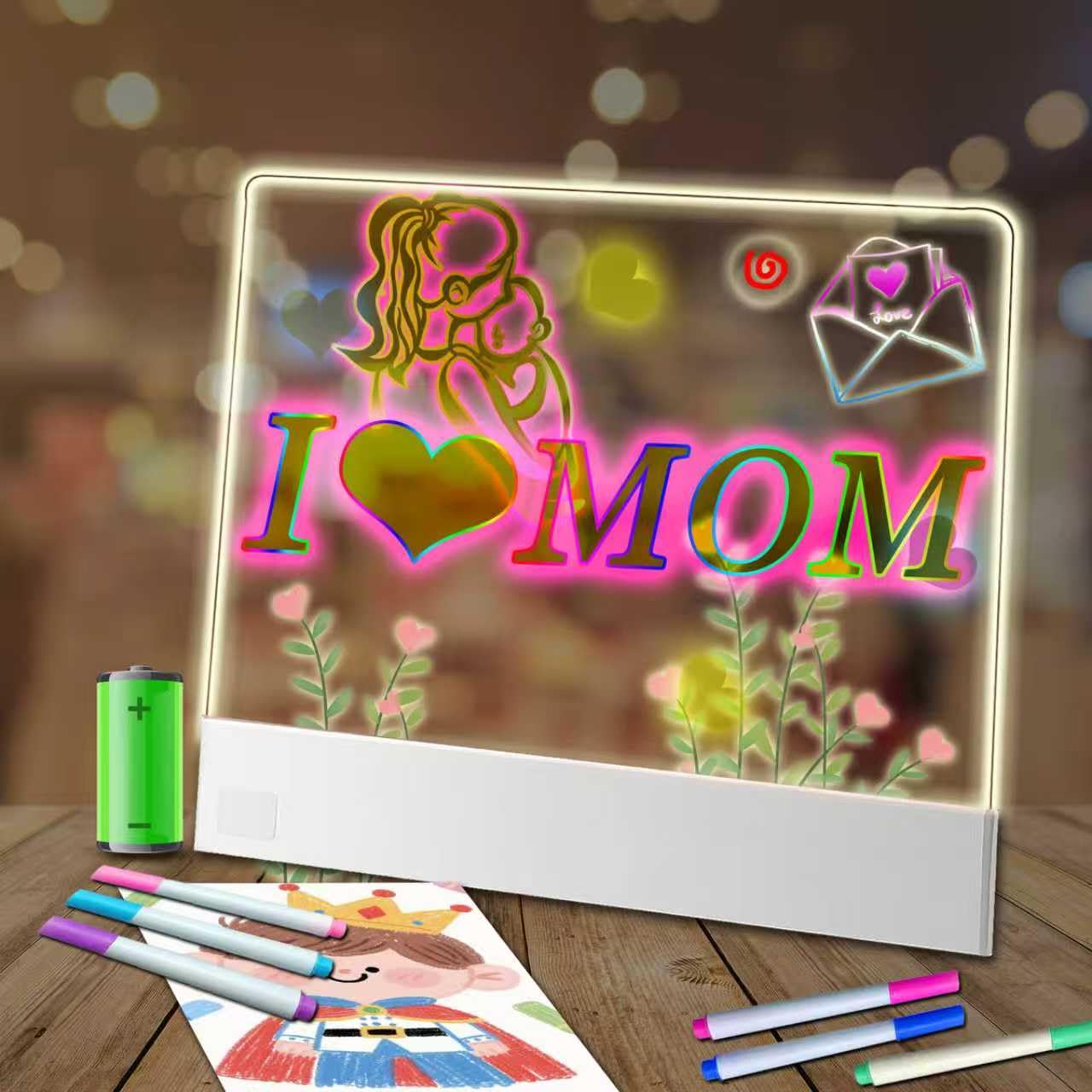 Led Drawing Board for Kids,13.2'' x 10'' Rechargeable Led Note Board with Colors,Doodle Glow Board,3 Modes & 5 Colors Acrylic Dry Erase Board with 8
