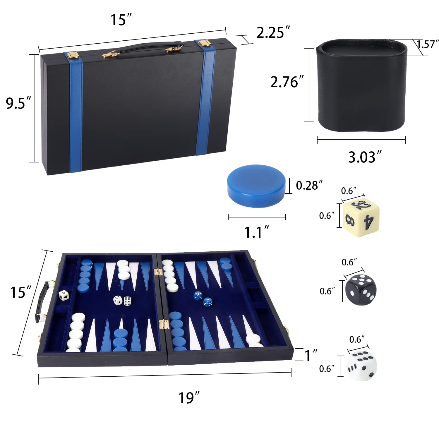 GSE Premium Leather Backgammon Board Game Set, Black&Blue, Medium
