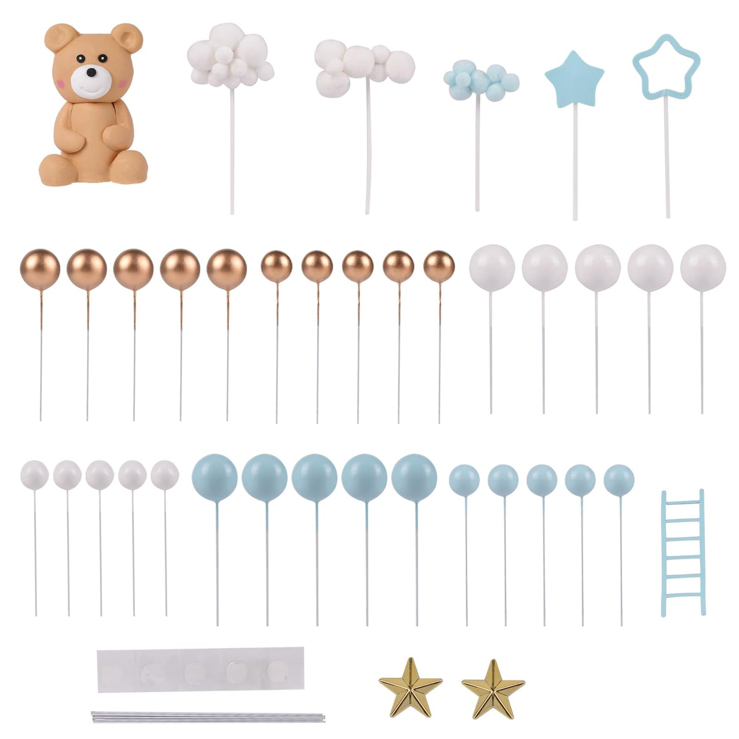 46 PCS 3D Bear Balls Cake Toppers Brown Teddy Bear for Birthday Party Wedding Baby Shower Supplies(Blue)