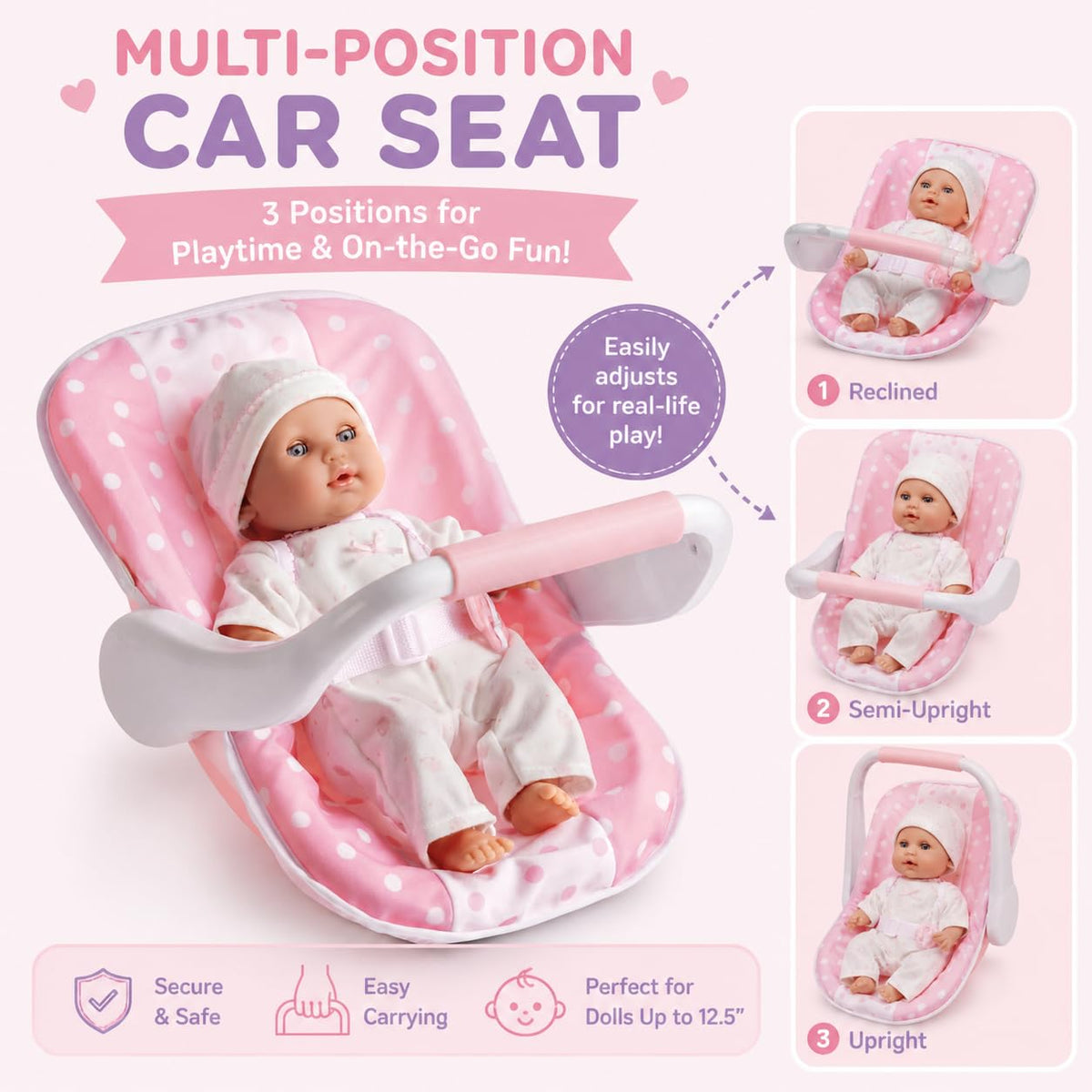 JC Toys 12.5" Soft Body Baby Doll with Multi-Position Carrier | Dressed in Removable Pink Outfit | Realistic Rocking Carrier Set | Perfect First Baby