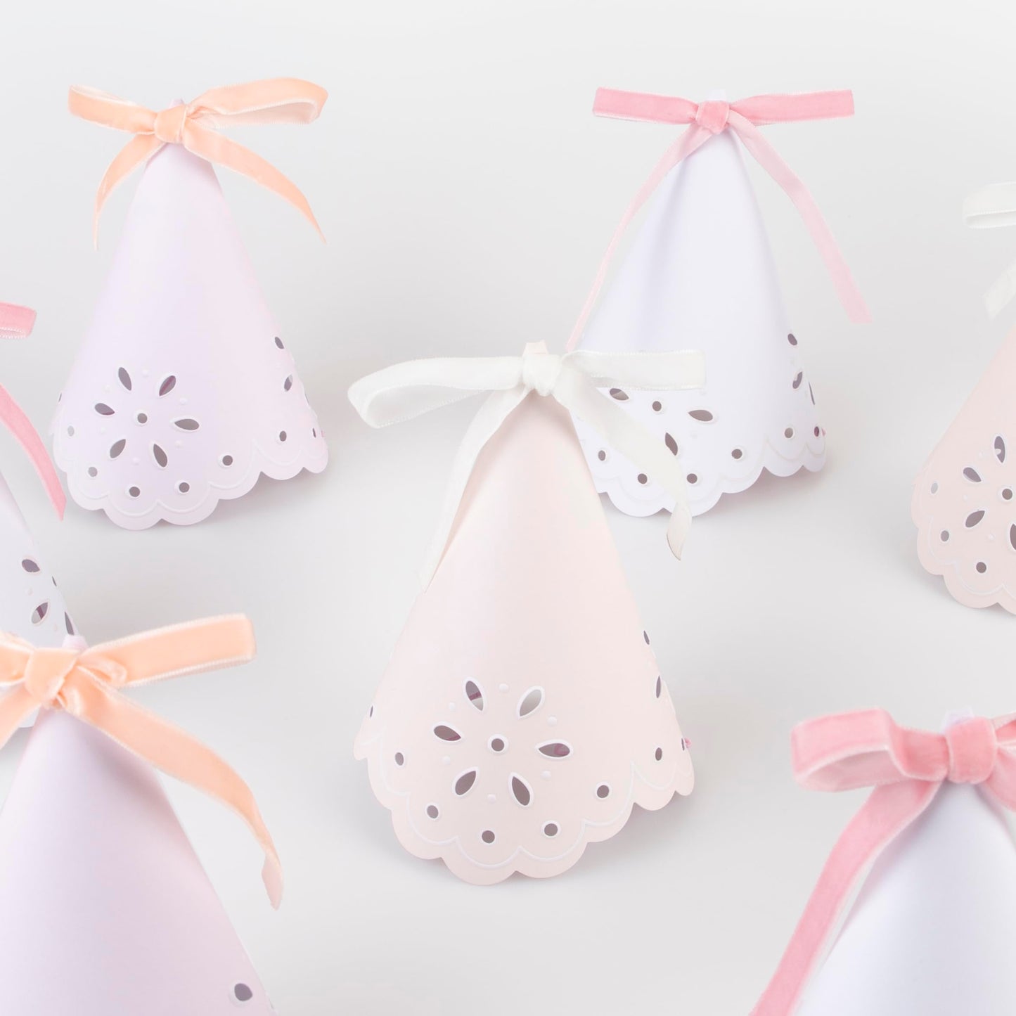 Meri Meri Broderie Anglaise Lace Party Hats (Pack of 8), Pastel Colors with Lace Design and Velvet Bows, Great for Princess Party Hats, Bridal