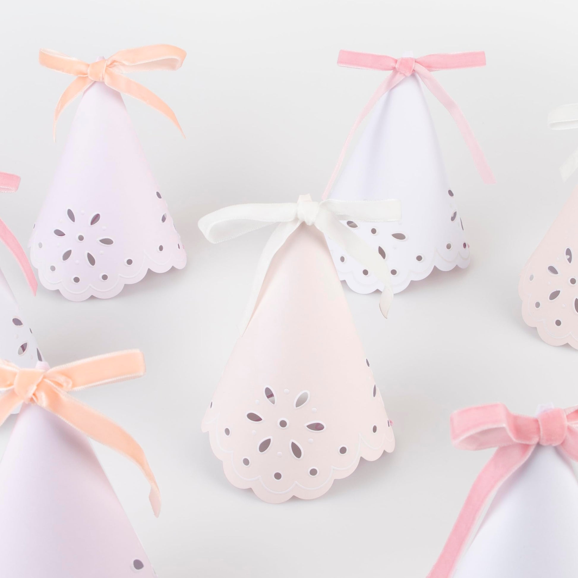 Meri Meri Broderie Anglaise Lace Party Hats (Pack of 8), Pastel Colors with Lace Design and Velvet Bows, Great for Princess Party Hats, Bridal