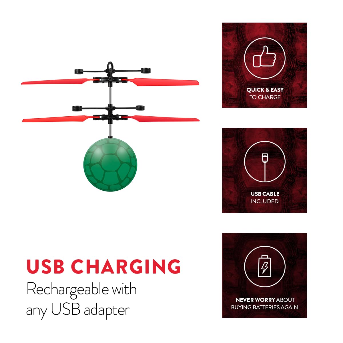 World Tech Toys Ninja Turtles Raphael Flying Toy - Motion Sensing Flying Ball with USB Charging - TMNT Licensed - Indoor/Outdoor Drone for Kids Ages