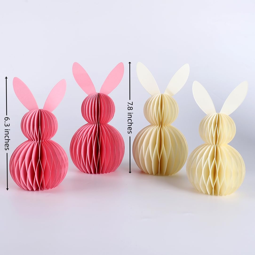 Easter Bunny Honeycomb Decorations, 3D Honeycomb Easter Decorations,Easter Table Decor,Pink and White, 4 Pack