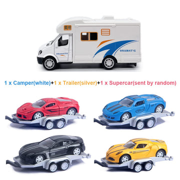 Toy Camper RV Trailer Towing Supercar Sports Model Car Diecast Motorhome Toys for Boys Pull Back Toy Cars, Beach Sandbox Outdoor Adventure Play Set, 3