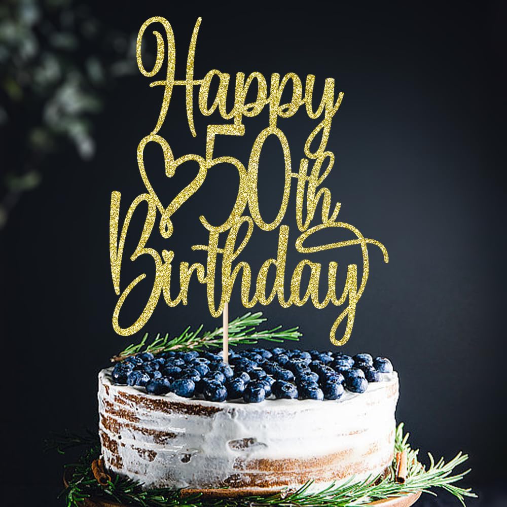 FLORCMET Gold Glitter Happy 50th Birthday Cake Topper - Cheers to 50 Years Cake Topper, 50 & Fabulous Cake Decoration for Hello 50th Birthday