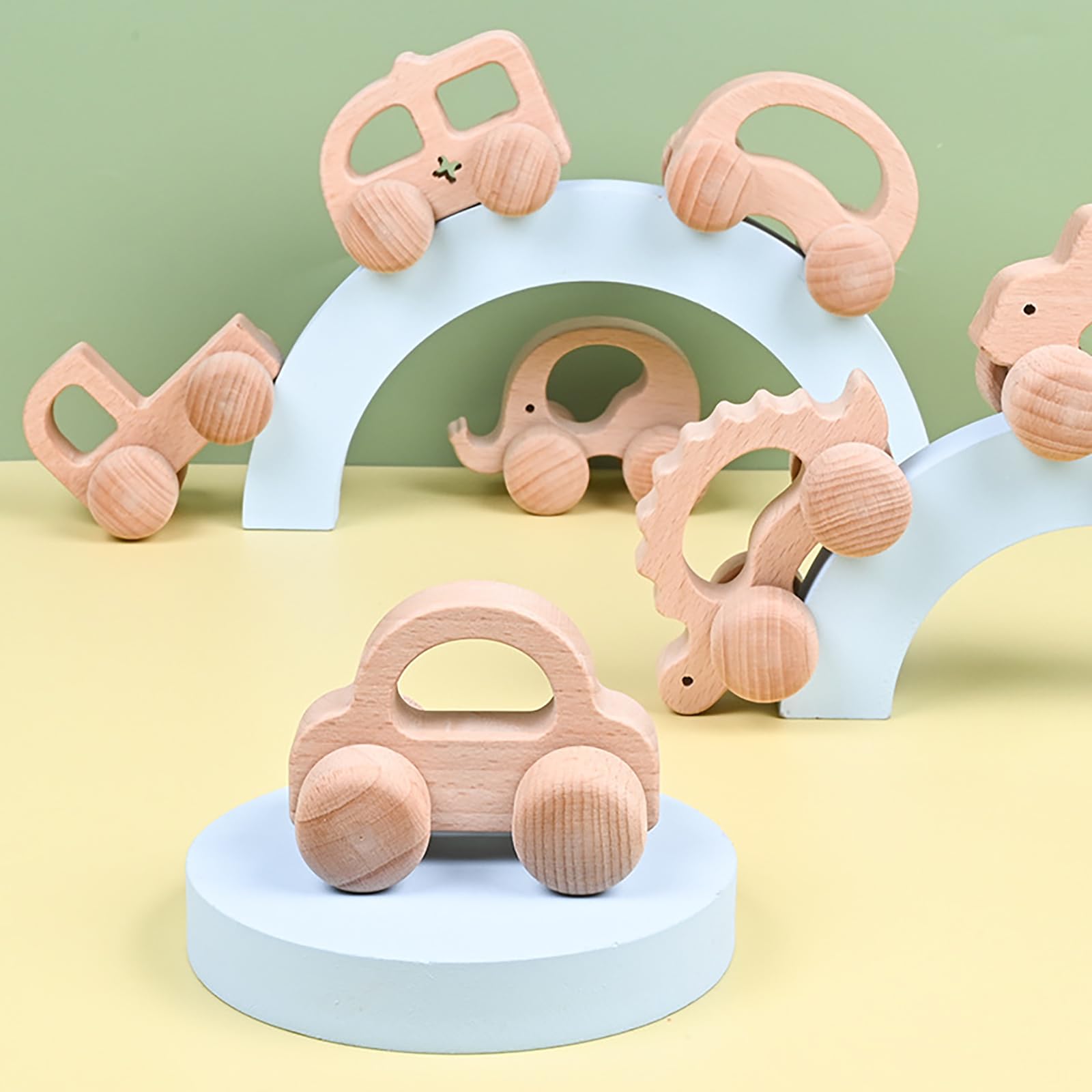 INTEGOO Wooden Toys Cars (2 Pack) for Toddler Montessori Inspired Teething Push Toys Exercise Baby's Grip Ability