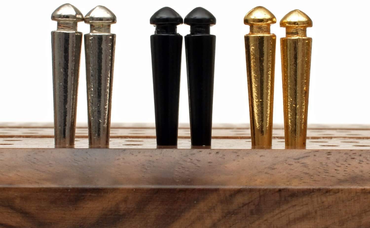 WE Games Premium Easy Grip Metal Cribbage Pegs with Tapered Design - Set of 9, Sleek and Stylish for Cribbage Boards, (3 Gold, 3 Silver, 3 Black) Fits