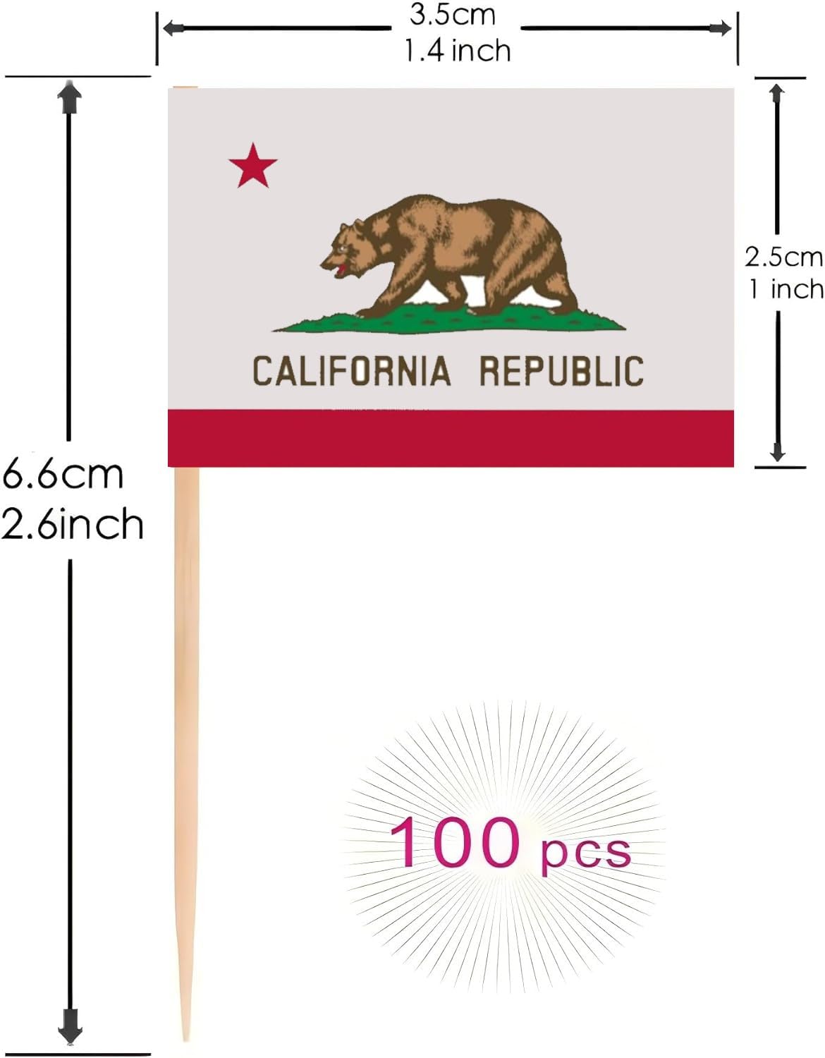 100 Pcs California Flag California Toothpick Flags, Cocktail Picks Mini Stick Cupcake Toppers Country Picks Party Decoration Celebration Cocktail Food