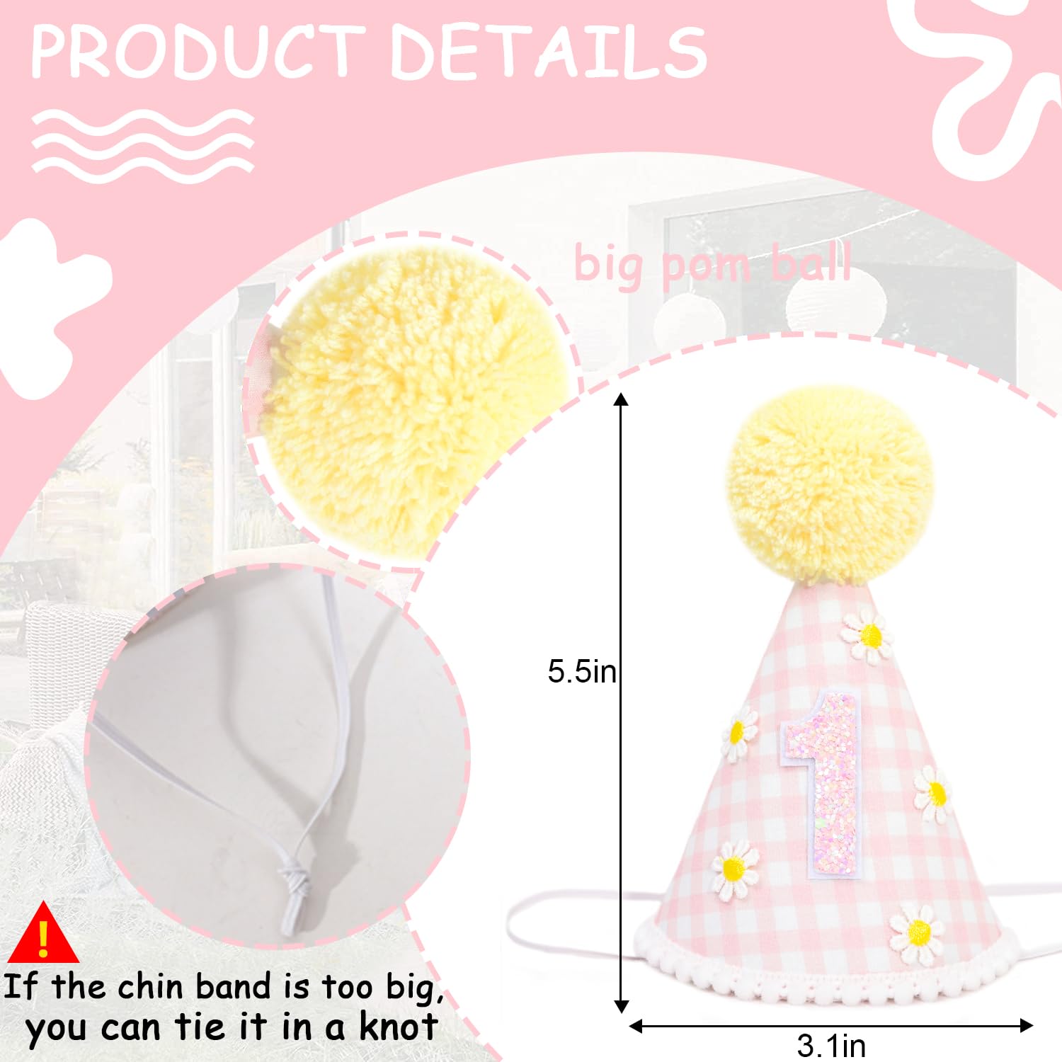 BASCT Daisy 1st Birthday Hat - Daisy First Birthday Decorations, Boho Daisy 1st Birth day Crown, Groovy One Bday Decor, Pink Plaid Groovy Daisy Bday
