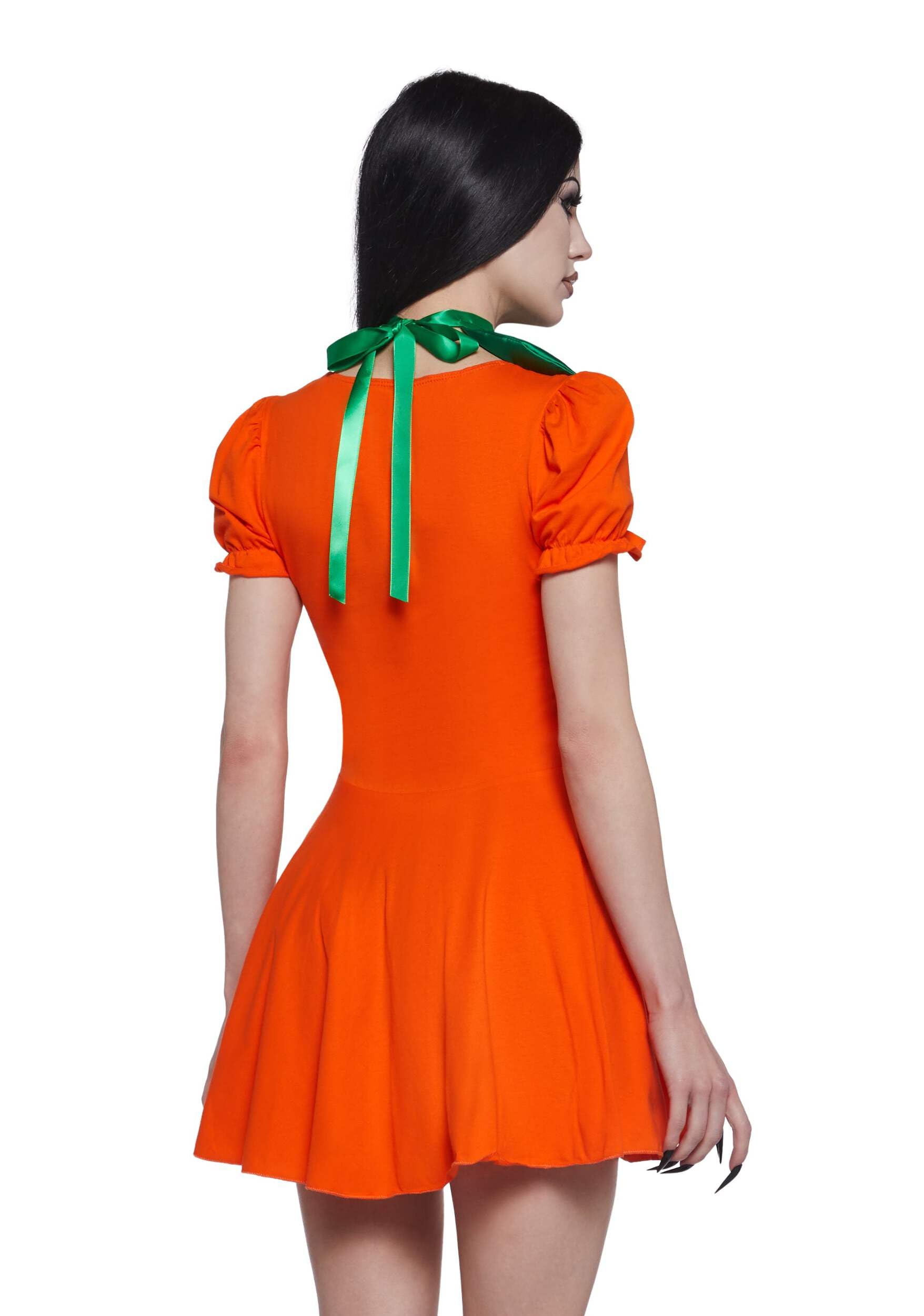 Dolls Kill Pumpkin Dress by Trickz N’ Treatz - Women’s Orange Jack-O’-Lantern Mini Dress with Puff Sleeves & Leaf Collar, Orange, X-Small
