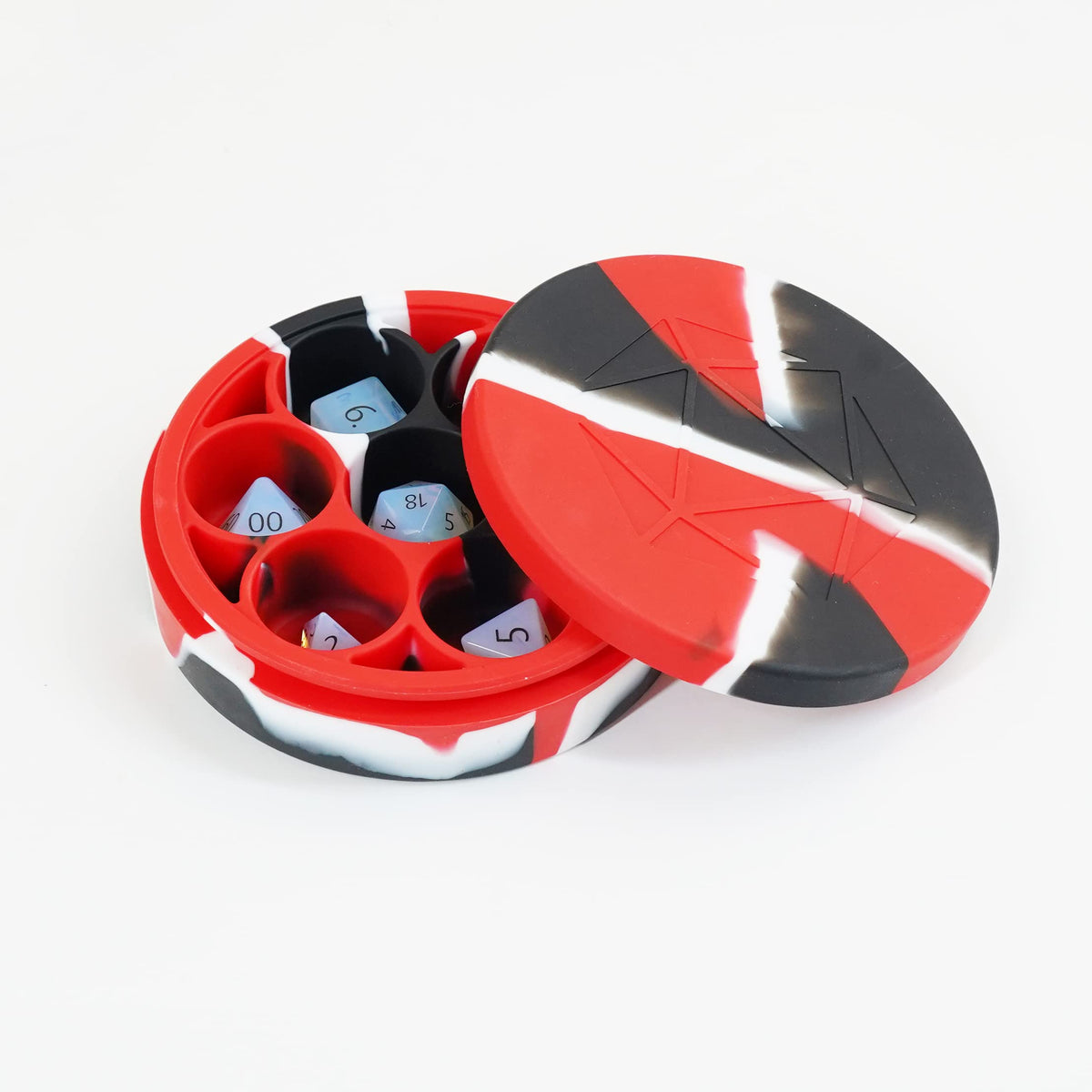 FanRoll Silicone Round Dice Case: Red/Black/White, Role Playing Game Dice Accessories for Dungeons and Dragons