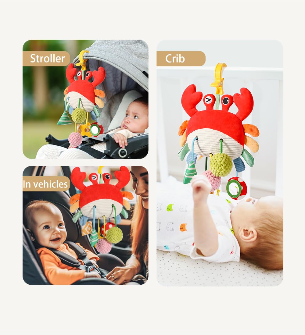 Car Seat Toys for Babies 0-12 Months - Hanging Baby Activity Toy for Car Seat, Stroller, Crib & Gym - Infant Plush Rattle with Mirror, Crinkle