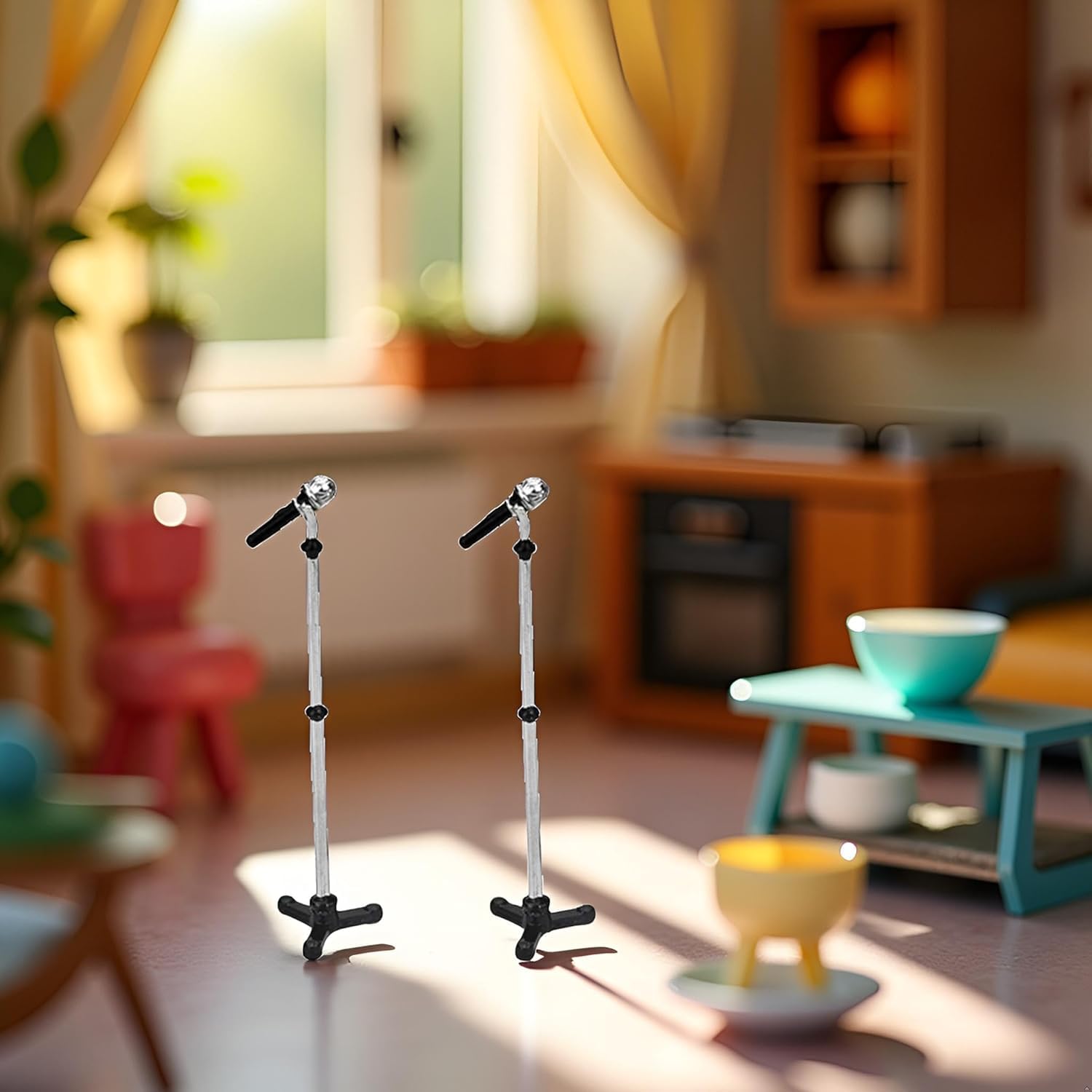 2Pcs Black Dollhouse Decoration Accessories,Mini 1:12 Dollhouse Miniature Scene Model Microphone with Stand Play Toy, Decortion, Dollhouse Furniture