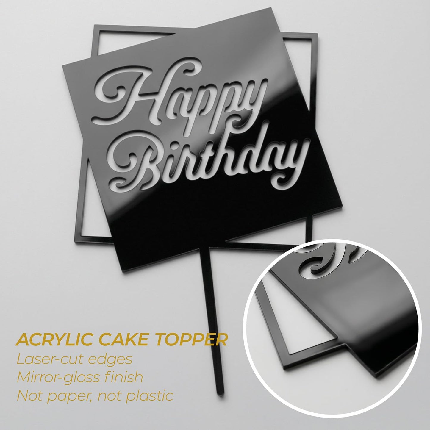 Apluselection 6 Pcs Black Happy Birthday Cake Toppers, 5" x 6.5" Acrylic Cake Decoration for Birthday Party
