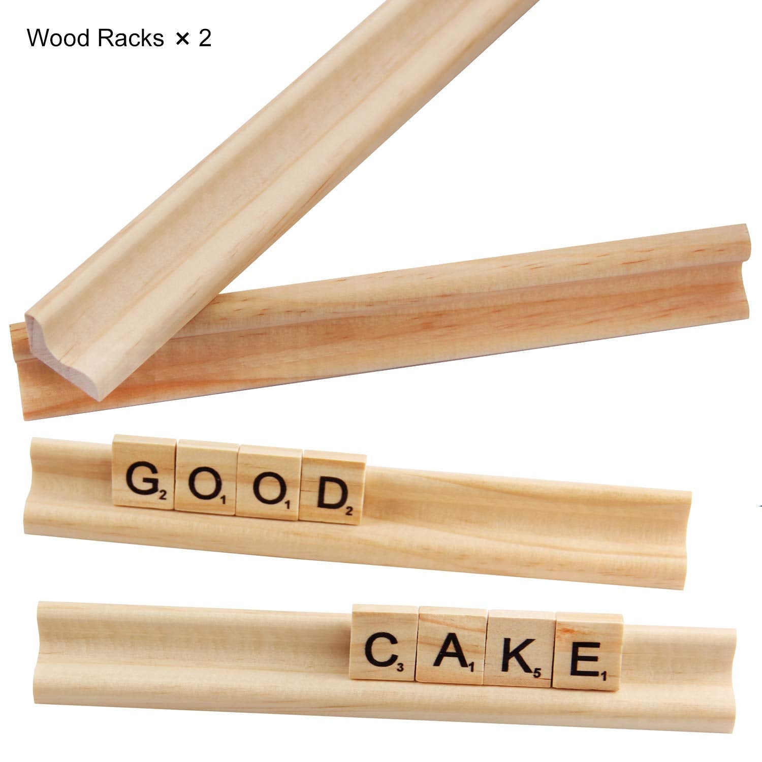 PINOWU 100pcs Wood Letter Tiles for Scrabble, Replacement for Scrabble Letters with Wood Racks and Cloth Gift Bag Craft Playing Alphabet Coasters
