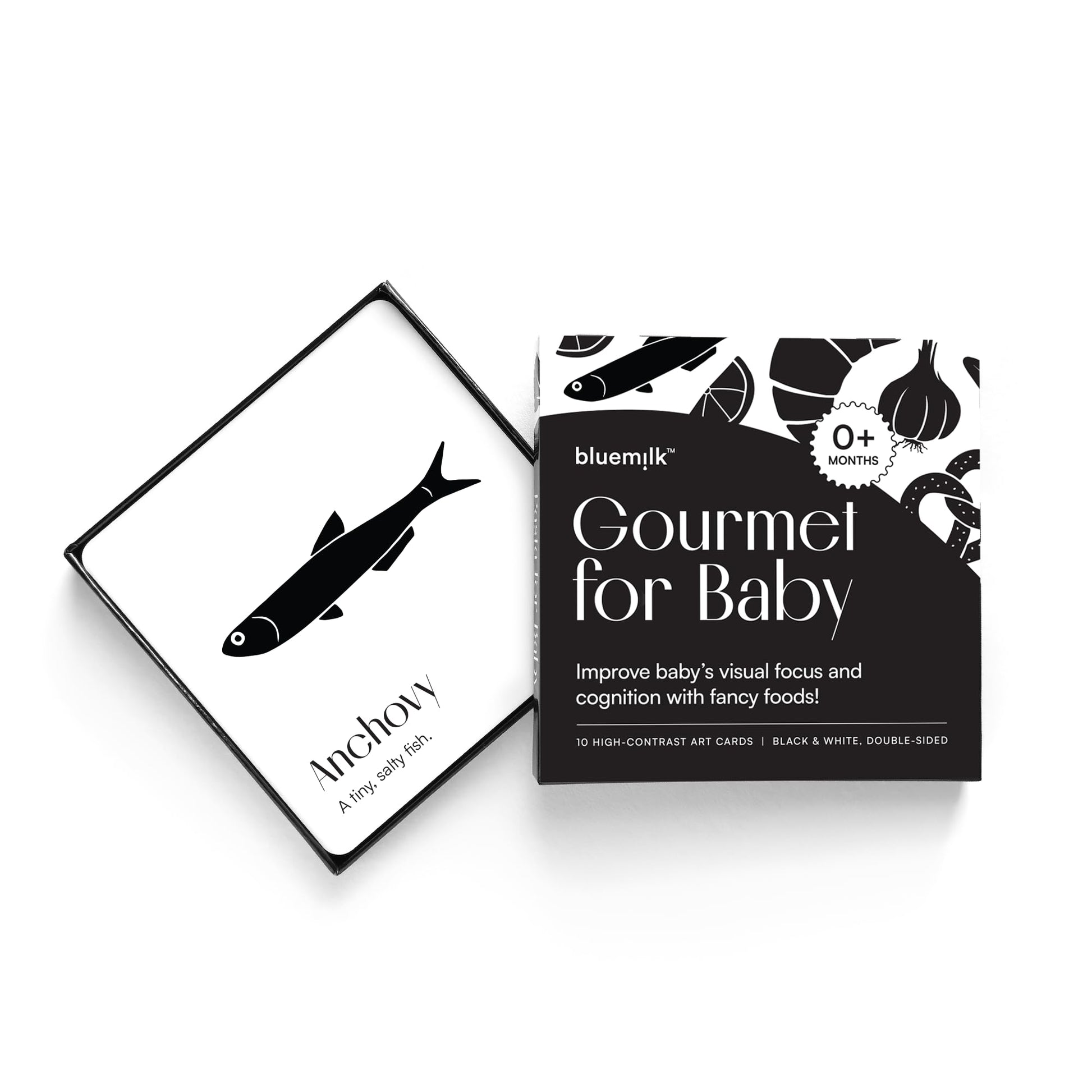 Gourmet for Baby High Contrast Sensory Learning Toy 10 Black & White Flash Cards of Food Shapes. Tummy Time Pillow Games Curious Baby Toys Activity
