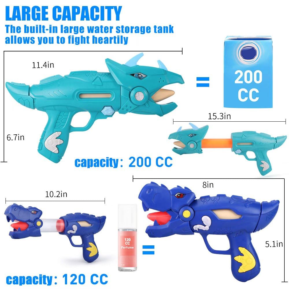 unanscre 2 Pack Dinosaur Water Blaster Soaker Gun for Kids, Dino Pump Action Outdoor Squirt Gun, Long-Range Shooting Water Squirters Toys