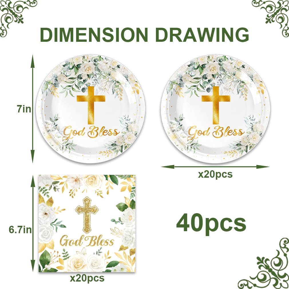 Frypeas 40Pcs God Bless Party Decorations Tableware Supplies 20 Plates and 20 Napkins for God Bless Baptism Party Decoration Serve 20 Guests