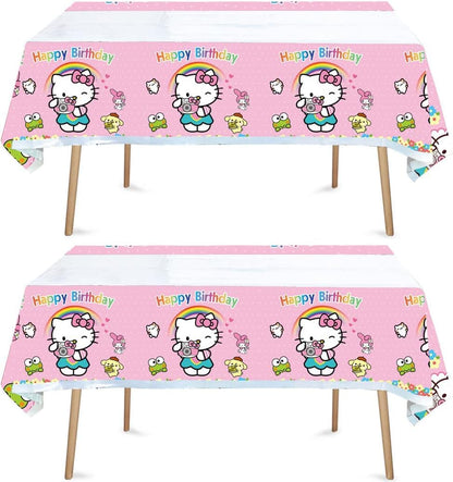 HACBYUTY Tablecloth, 2pcs Hello Cat Kitty Birthday Party, Rectangular, Plastic, 70'' x 42'', Waterproof, Blue Pink