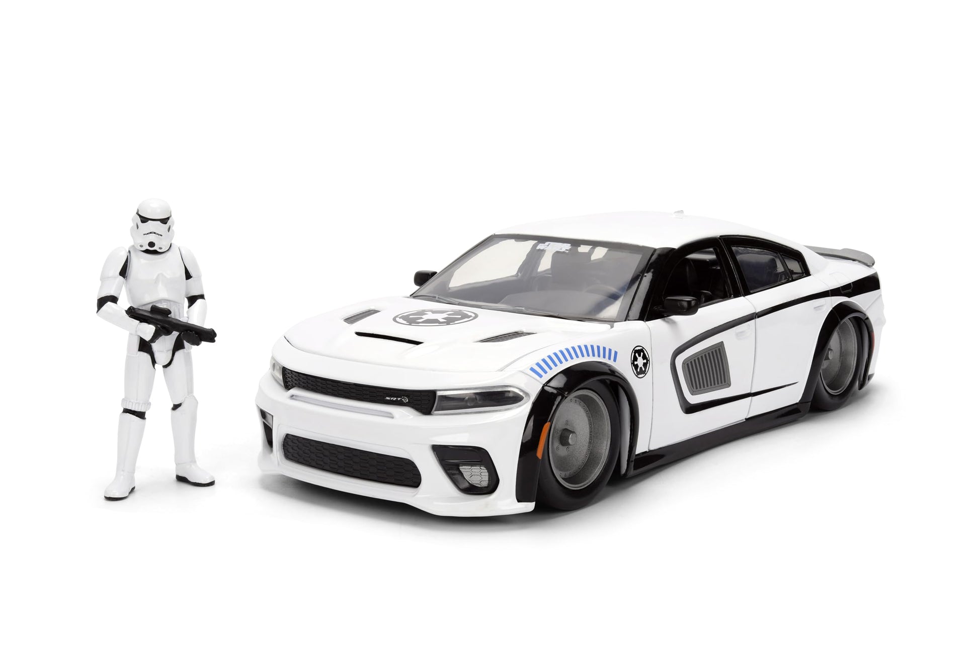 Jada Star Wars Stormtrooper with 2021 Dodge Charger SRT Hellcat Die-Cast Vehicle 1:24 Scale - Opening Parts Toys
