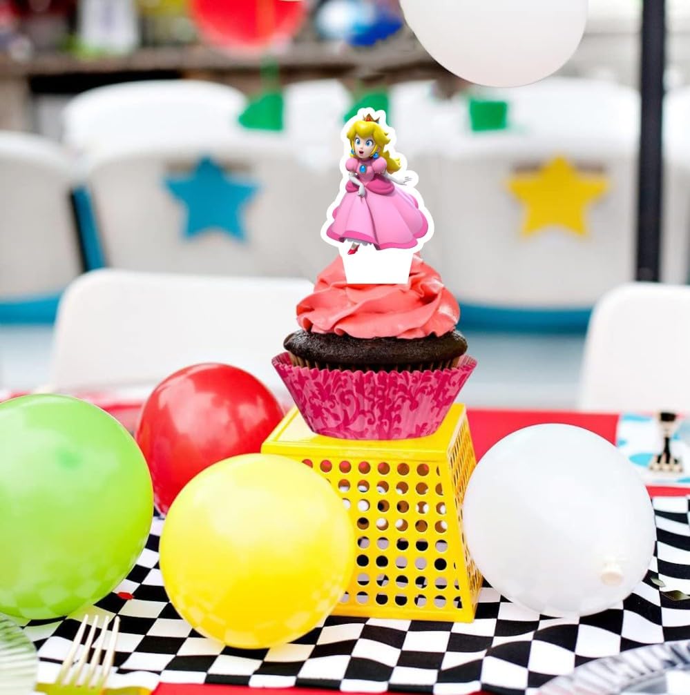 25Pcs Princess Peach Cake Decorations with 24pcs Cupcake Toppers, 1pcs Cake Topper for Kids Birthday Party Supplies