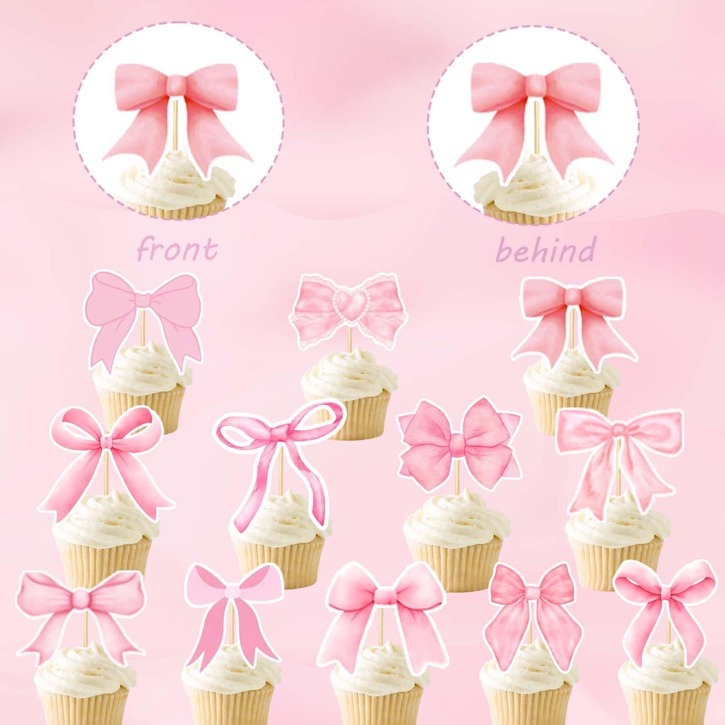 24PCS Coquette Bow Cupcake Toppers, Pink Bow Coquette Birthday Cake Decorations for Bachelorette Bridal Engagement Wedding Girl Baby Shower Bow Theme
