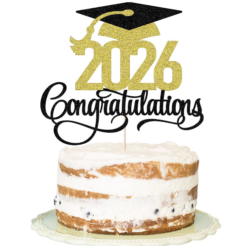 Black Gold Glitter 2026 Congratulations Graduation Cake Topper,Congrats Grad Cake Decor - 2026 High School/College/Senior Graduation Party Decorations