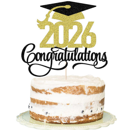 Black Gold Glitter 2026 Congratulations Graduation Cake Topper,Congrats Grad Cake Decor - 2026 High School/College/Senior Graduation Party Decorations