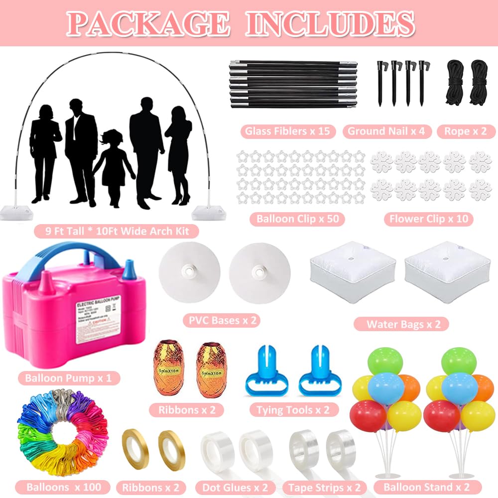 Balloon Arch Kit with Balloon Pump, 9FT Tall &10FT Width Adjustable Balloon Arch Stand Balloon Arch Frame with Base for Wedding Birthday Party