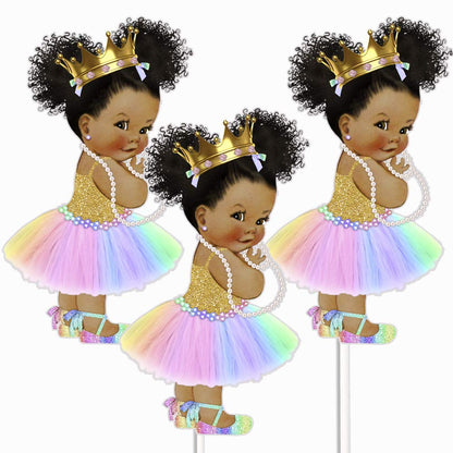 Rainbow Princess African American Centerpieces Table Decoration, Diaper Toppers Unicorn Princess Table Party Decoration