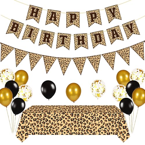 Leopard Party Decorations Cheetah Happy Birthday Banner Cheetah Theme Balloons Leopard Print Tablecloth for Safari Wild Birthday Party Supplies (Gold