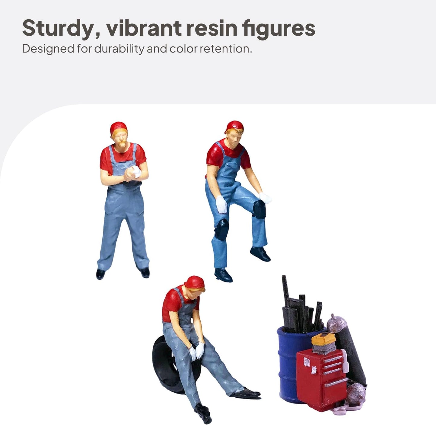 Yiju 1/64 Scale Hand Painted Repairman Figurines, Resin Miniature People for Diorama and Car Model Scenes, Red A (3 Figurines + Toolbox)