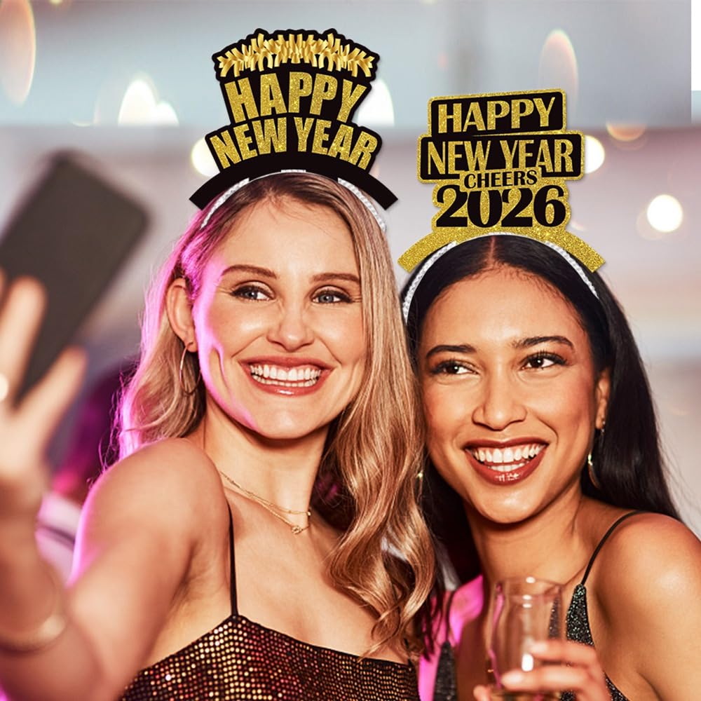 KALOR Sparkling 2026 New Year Headbands 6-Pack, Black Gold Glitter Party Headbands for New Year's Eve Party Supplies, Countdown Parties, No Assembly