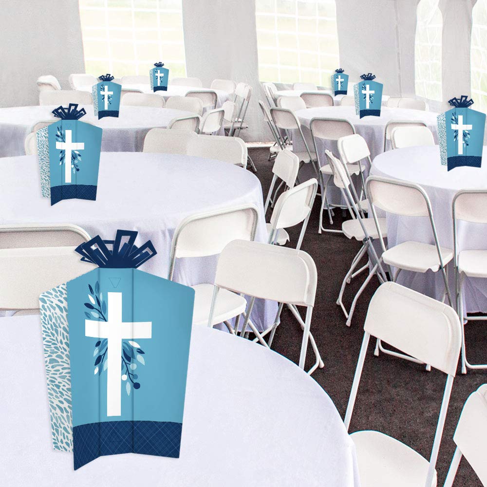 Big Dot of Happiness Blue Elegant Cross - Table Decorations - Boy Religious Party Fold and Flare Centerpieces - 10 Count