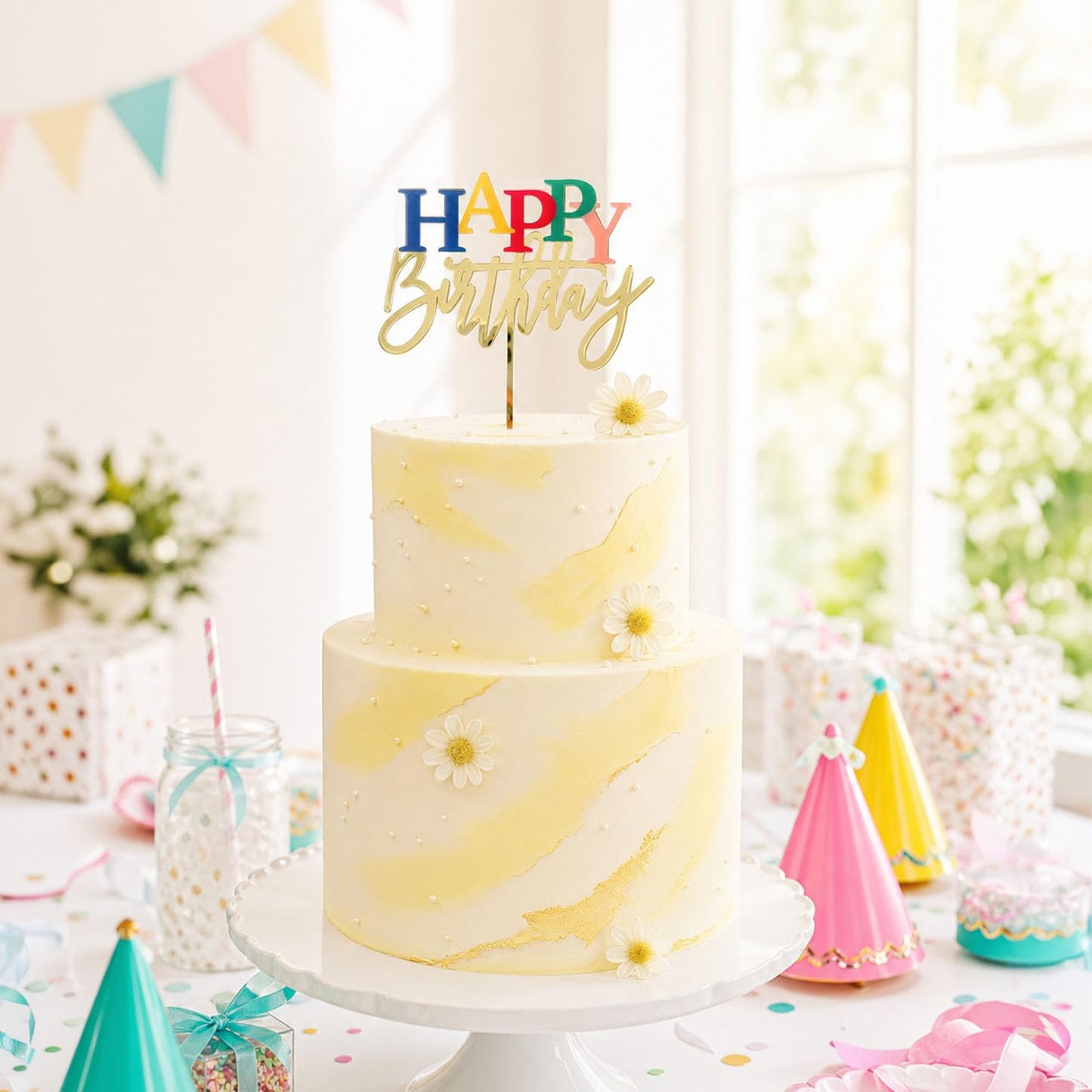 Apluselection Acrylic Happy Birthday Cake Topper, Gold Rainbow Decoration