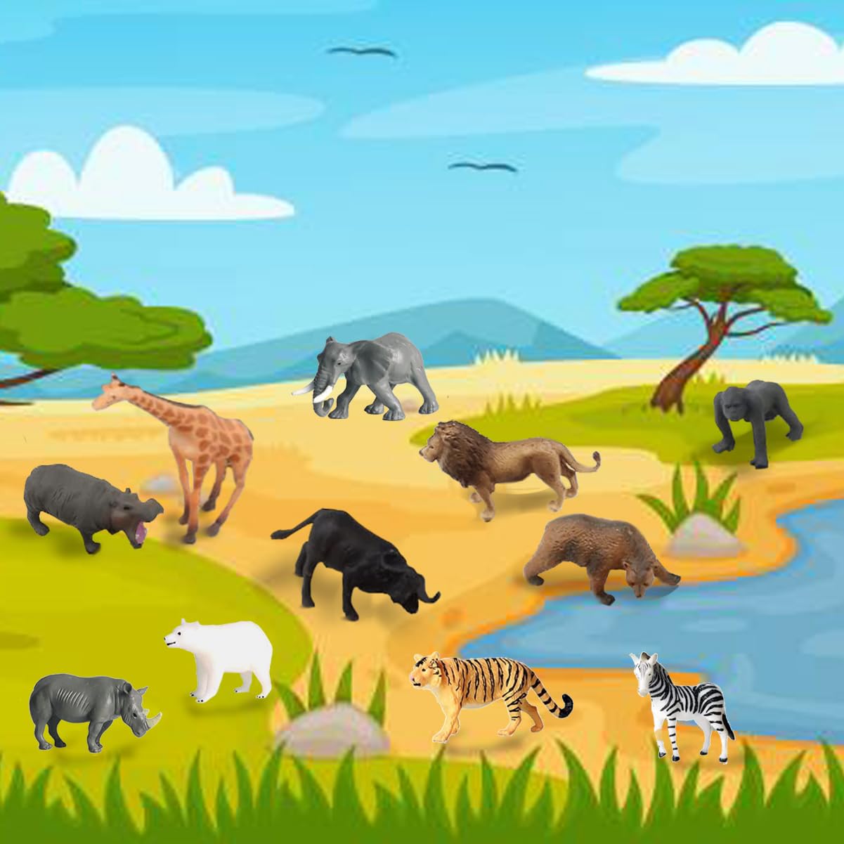 RUSON 12 Pcs Mini Safari Animals Figures Toys, Realistic Jungle Zoo Animal Figurines Cake Topper Toy Set Christmas Birthday Easter Egg Gift Party