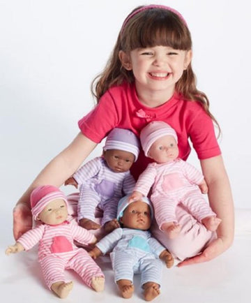 JC Toys | 4 Assorted Baby Doll Rompers and Hats | Pink + Blue + Light Pink + Purple | | Ages 2+ | Fits Dolls 10"- 12"