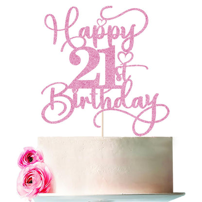 Bejotaa Pink Glitter Happy 21st Birthday Cake Topper 1pcs