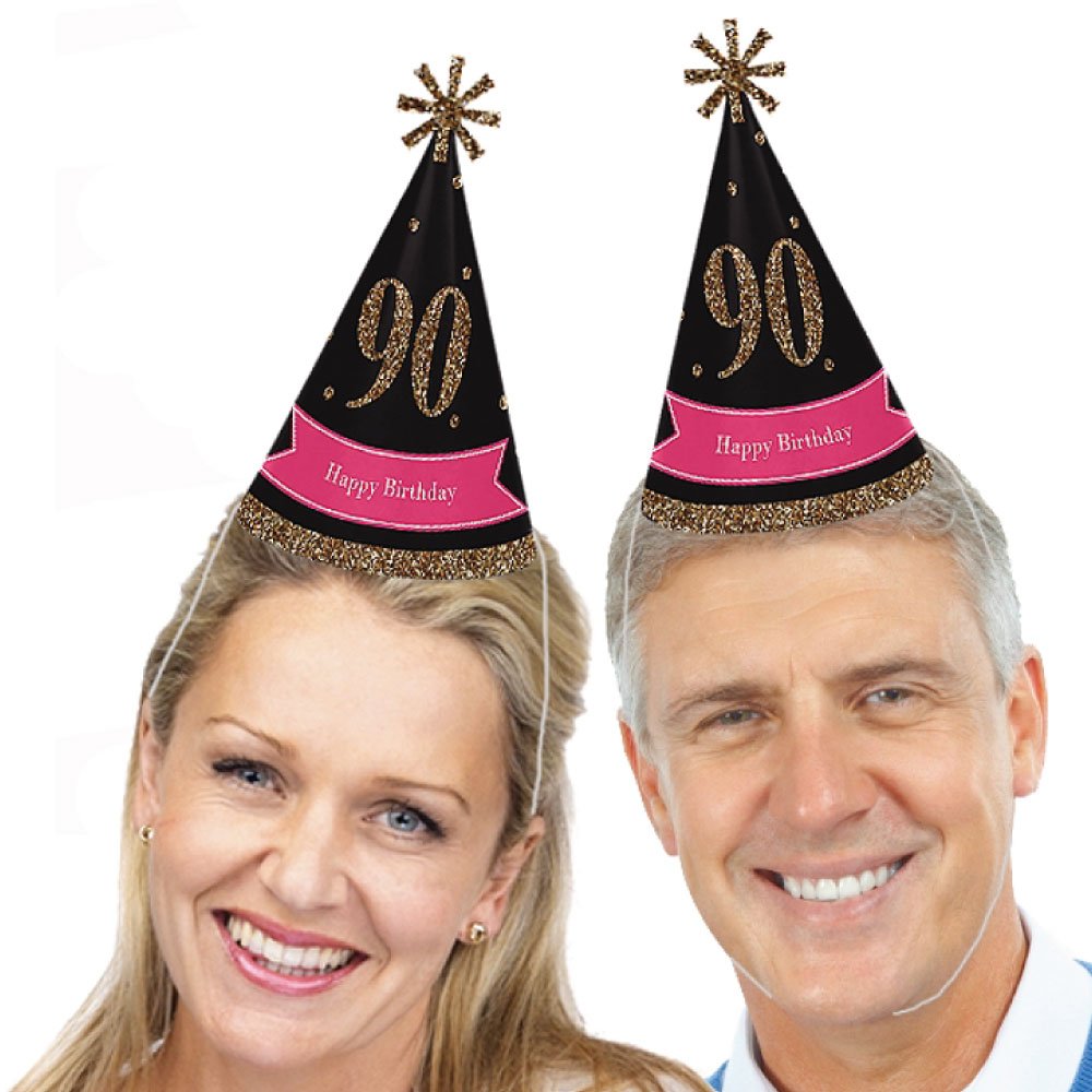Big Dot of Happiness Chic 90th Birthday - Pink, Black and Gold - Cone Happy Birthday Party Hats for Adults - Set of 8 (Standard Size)
