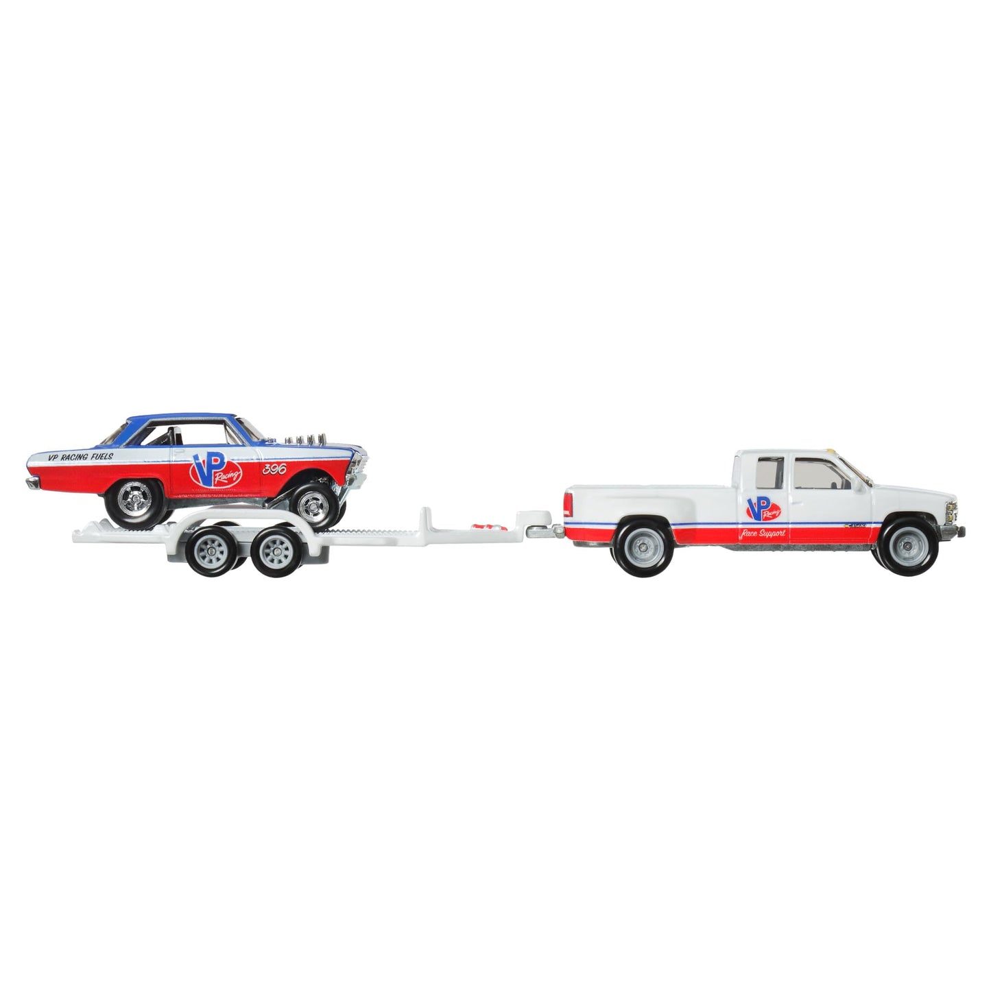 Hot Wheels Team Transport '63 Chevy Nova & '88 Chevy Silverado Die-Cast Vehicle Set, Race Car with Trailer, VP Racing, 1:64 Scale Model