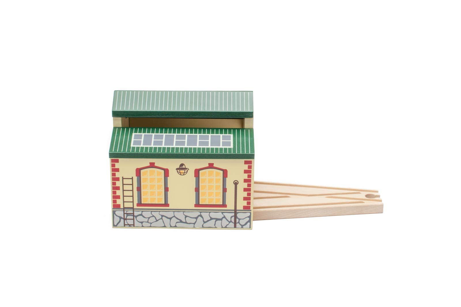 maxim enterprise, inc. Wooden Train Engine Shed, Multicolor Railway Shed Houses 2 Toy Engines, Wood Train Accessories with 2-Way Switching Track