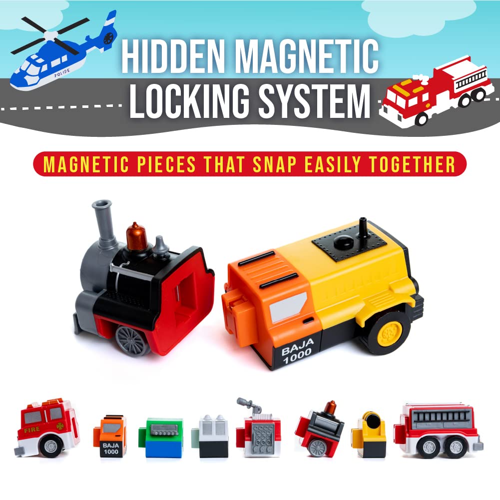 POPULAR PLAYTHINGS Magnetic Vehicles for Toddlers 1-3, Mix or Match Car Toys, 21 Piece Gift for Kids - Vehicles Orange