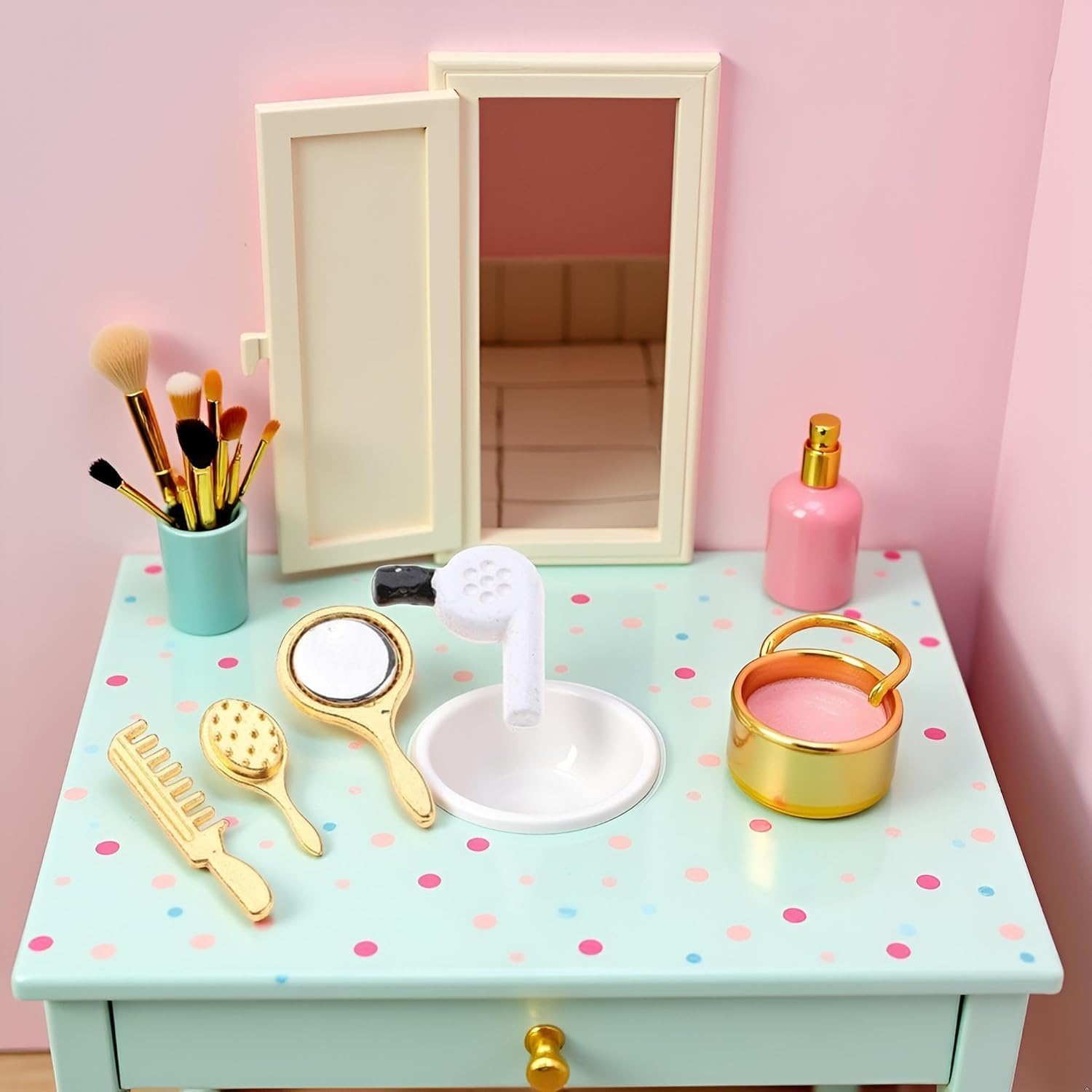 4Pcs Miniature Comb, Hair Dryer Mirror Makeup Set, 1:12 Scale Dollhouse Decorations Accessories