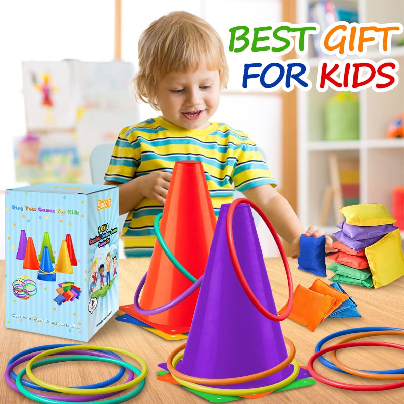 Eocolz 3 in 1 Carnival Games Set, Soft Plastic Cones Bean Bags Ring Toss Games for Kids Birthday Party Outdoor Games Supplies Combo Set