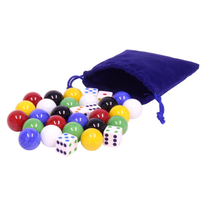 AmishToyBox.com 24 X-Large Glass Marbles (22mm Diameter) and 6 Dice in Cloth Drawstring Pouch